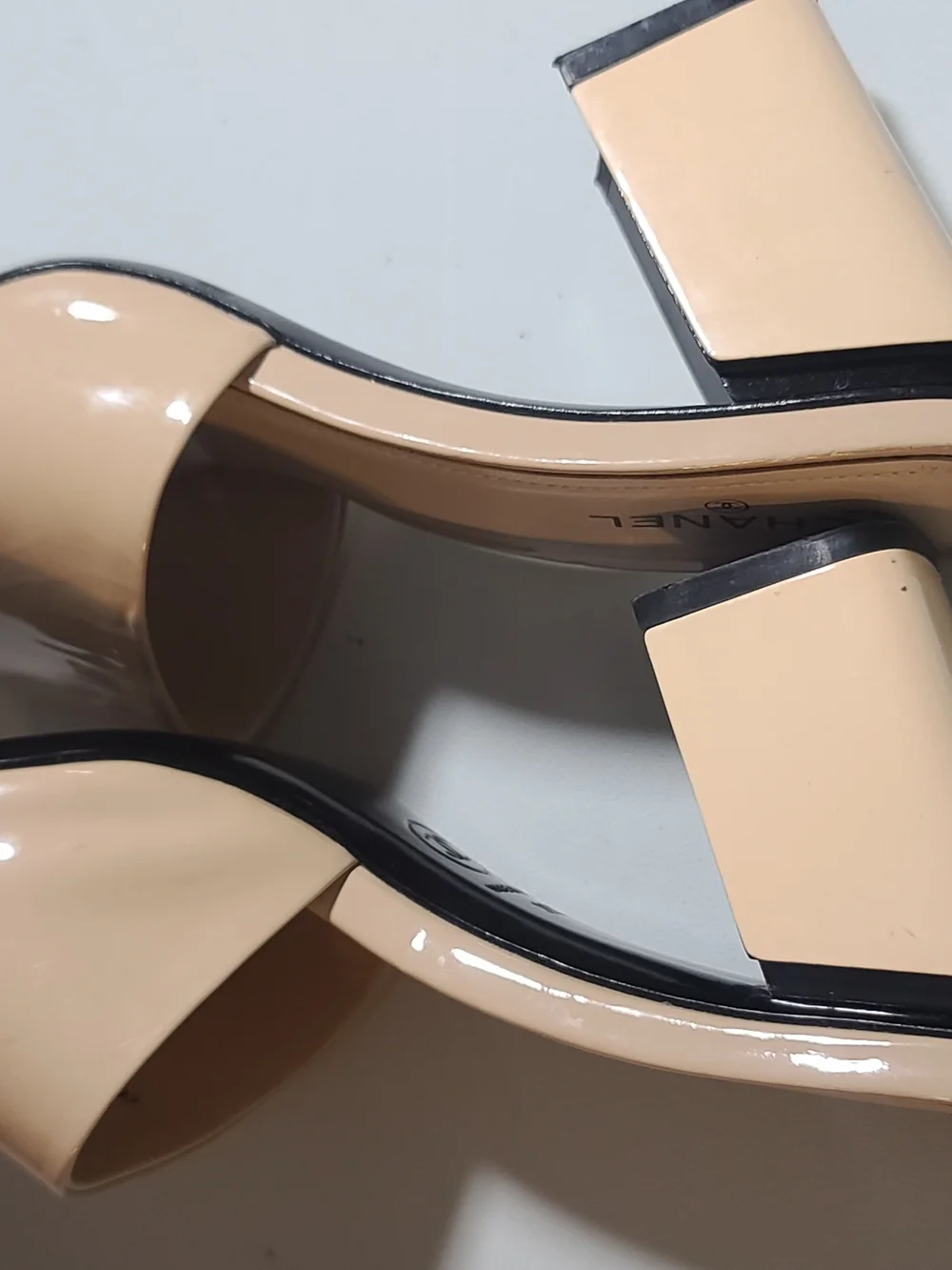 CHANEL Nude Patent Leather Slide Sandals
